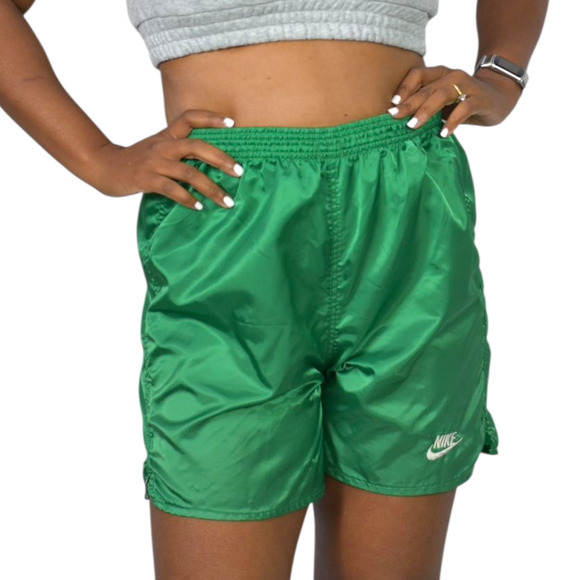 Vintage Nike Nylon Shorts Green High Waist Running Athletic Logo Shiny 80s Small - Picture 14 of 15